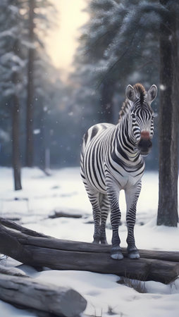 Zebra standing in the snow in the forest at winter time.の素材