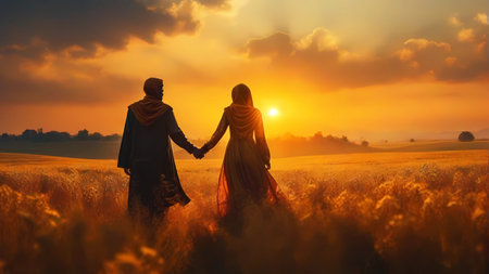 Couple in love holding hands and walking in wheat field at sunsetの素材