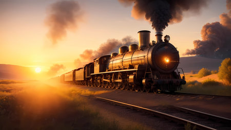 Vintage steam train on railroad at sunset. Retro train in motionの素材
