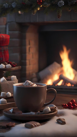 Cup of hot chocolate with marshmallows and Christmas decor near fireplaceの素材