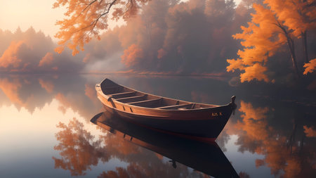 Foggy morning on the lake with wooden boat and autumn treesの素材