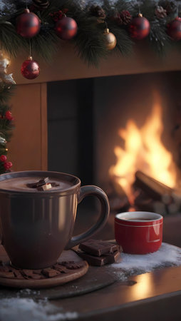 Cup of hot chocolate with marshmallows in front of fireplaceの素材