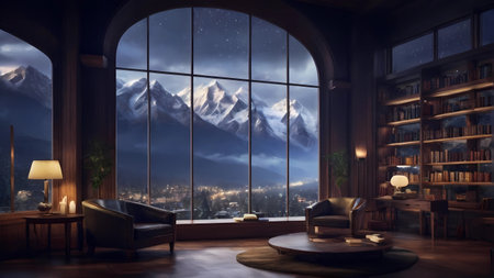 Luxury living room with a view of the mountains. 3d renderingの素材