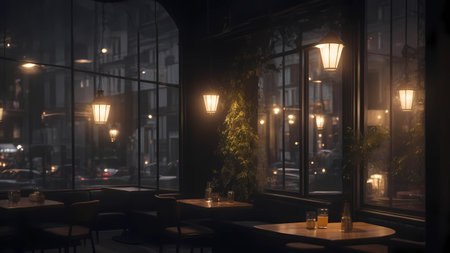 Cafe in the fog at night. 3d render illustration.