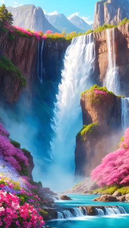 Beautiful waterfall with pink flowers and blue sky background. 3D renderingの素材