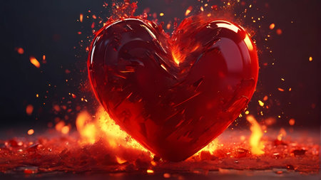 Valentines day background with red heart on fire. 3d renderingの素材