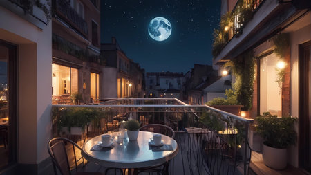 Night view of a cozy terrace with a full moon in the skyの素材