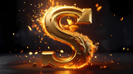 Burning letter S with sparks on dark background. 3d renderingの素材
