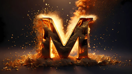 Burning letter M in fire. 3D illustration. Burning font.の素材