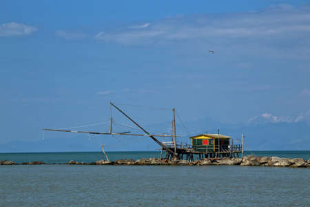 shed for fishing on the balance at the mouth of the river Arnoの写真素材