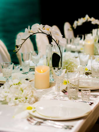 Beautiful table setting for wedding celebration. Shallow DOFの写真素材