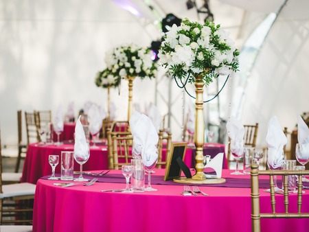 Beautiful dinner wedding table setting, summer outdoorの写真素材