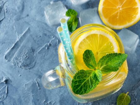 Lemonade with mint in mason jarの写真素材