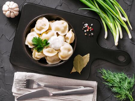 Russian pelmeni, ravioli, dumplings with meatの写真素材