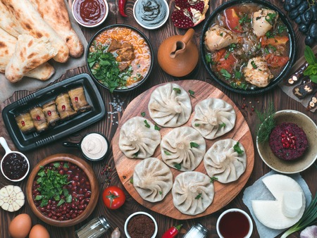 Georgian cuisine on wooden table, top viewの写真素材