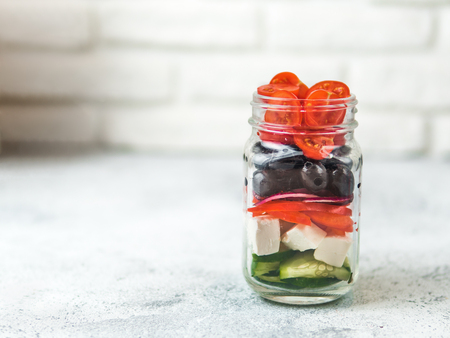Greek Salad in mason jar, copy spaceの写真素材