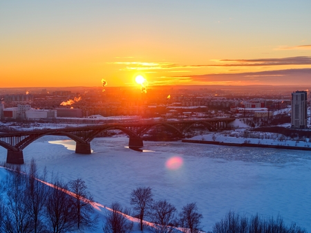 Winter view of sunset in Nizhny Novgorodの写真素材