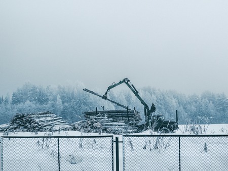 Timber carrier loads logs in the north of Russia. Wild forest is on the background with whhite snow and clody sky. Copyspace for text.の写真素材