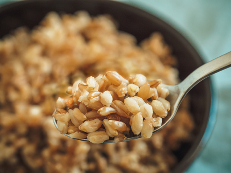 Boiled spelt in spoon and unfocused in bowl. Cooked spelt seeds in selective focus. Copy spaceの写真素材