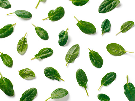 Pattern from baby spinach leaves. Fresh green baby spinach isolated on white with clipping path. Top view or flat lay. Can use for design vegan and keto dietの写真素材