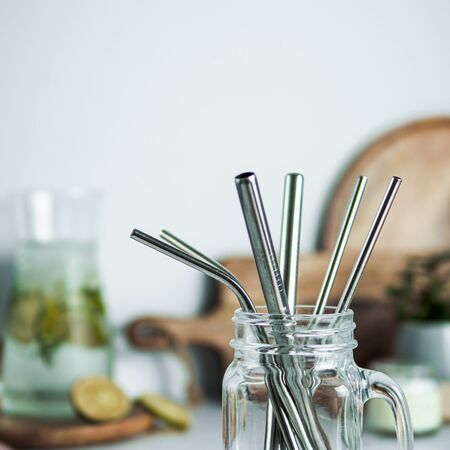 Metal recyclable drinking straws, copy spaceの写真素材