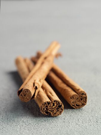 ceylon cinnamon sticks on gray stone background. True cinnamon sticks or ceylon cinnamon with copy...