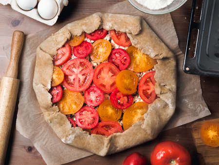 tomatoes and cheese tart or galetteの写真素材