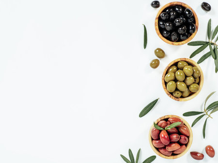 set of olives on white background, copy spaceの写真素材