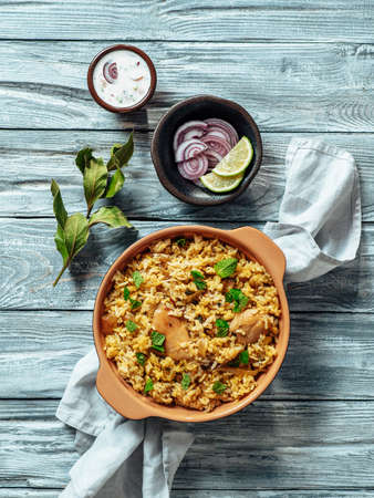 Pakistani chicken biryani rice, top view, copy spaceの写真素材