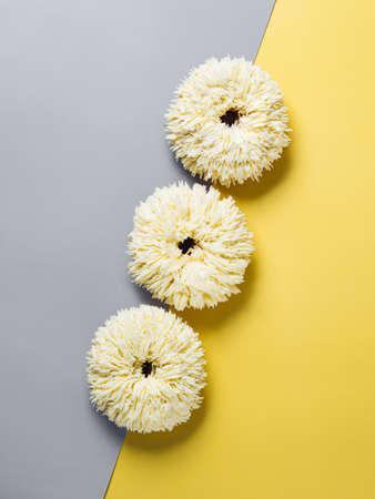 Shag donuts on yellow background, copy spaceの写真素材