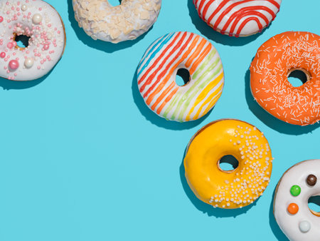 Delicious glazed donuts on blue background. Flat lay - set of different colorful donuts or doughnuts on blue with copy space edge. Bright sun light with hard shadowsの写真素材