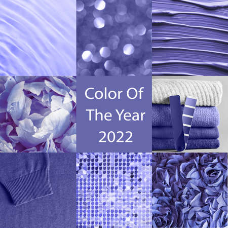 Collage of different objects, textures and textile in violet color very peri as background....