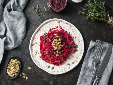 Beetroot pesto or hummus. Homemade beet pesto sauce in glass jar and fresh thyme on dark black background. Copy space for text. Ideas and recipes for healthy vegetarian detox diet foodの写真素材