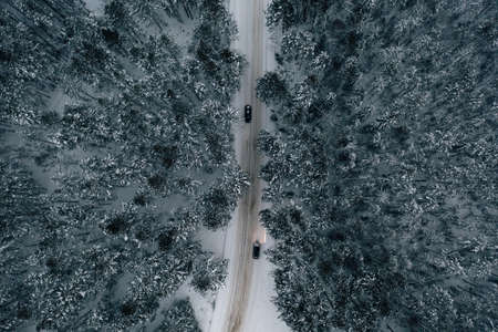 Night time aerial view of snowy road in pine tree forest in winter season. Drone top down view of...