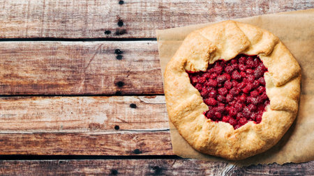 Perfect raspberry galette. Delicious rustic homemade tart with frozen or fresh raspberries on old wooden background. Beautiful round shape galette with raspberries,copy space. Top view or flat layの写真素材