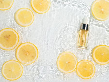 Luxury cosmetic peeling or serum in glass bottle with pipette in clean transparent water with lemon slices over clear water background. Water splashing on water surface in sunlight. flatlay copy spaceの写真素材