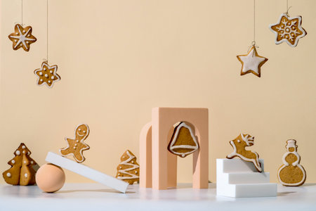 Christmas art card. Christmas funny composition with gingerbread cookies in trendy minimalistic style. Different geometrical shapes and christmas cookies on neutral cream beige background. Copy spaceの写真素材