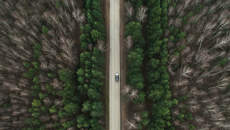 Fir forest and bare deciduous trees and road with car from above. Fall winter season. Mixed forest road, drone top viewの写真素材