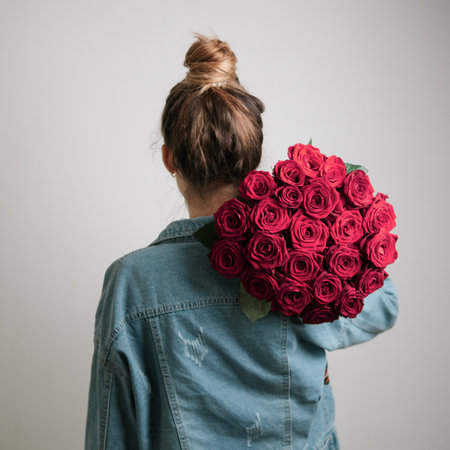 Back view of young woman in denim jacket holding bunch of Viva Magenta roses on shoulder. Girl with bun updo in jeans holding flowers in Color of Year 2023 Viva Magenta. Copy space.の写真素材