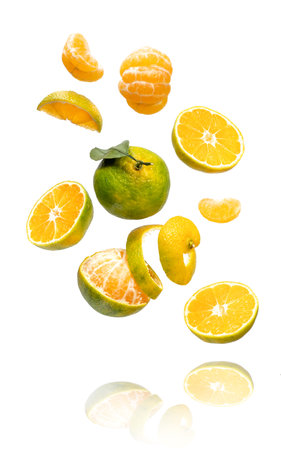 Fresh ripe green mandarine with leaf falling in air. Cut, peeled, slices and whole green tangerine isolated on white backgroundの写真素材