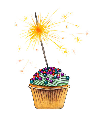 Watercolor scetch illustration with festive cupkace, sprinkles and birthday burning sparkler candle, isolated on white background. Watercolor hand drawn Happy Birthday greeting card, postcard.の写真素材