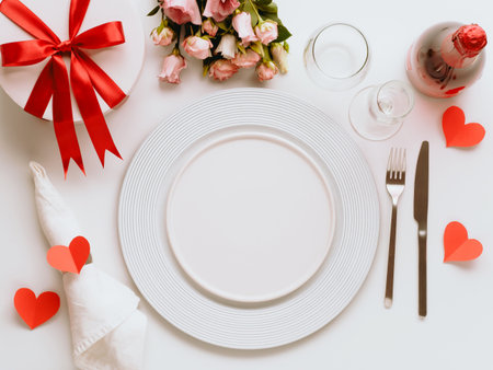 Valentines Day tablesettings concept on white background. Empty white plates, gold cutlery, rose wine bottle, glasses, flowers bouqet, gift box. Copy space. Topview flatlayの写真素材