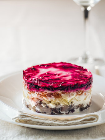 Layered salad herring under fur coat on table. Portion of traditional russian salad with herring, beet and other vegetables on white linen tablecloth. Copy space. Vertical.の写真素材