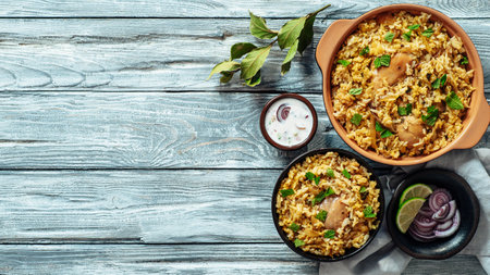 Pakistani food - biryani rice with chicken and raita yoghurt dip. Delicious hyberabadi chicken biryani on gray wooden background. Top view or flat lay. Copy space for text or design. Bannerの写真素材