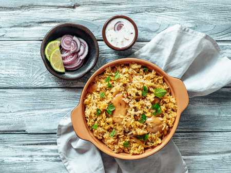 Pakistani food - biryani rice with chicken and raita yoghurt dip. Delicious hyberabadi chicken biryani on gray wooden background. Top view or flat lay. Copy spaceの写真素材