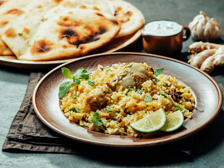 Pakistani food - biryani rice with chicken, raita yoghurt dip and naan flat bread. Delicious hyberabadi chicken biryani on black backgroundの写真素材