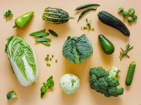 Flat lay composition with green vegetables on yellow pastel background. Vegetables - green peas, zucchini, avocado, bean-pod, pumpkin, broccoli, brussels sprouts, rosemary, microgreens. Top viewの写真素材