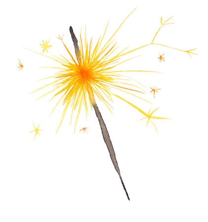 Watercolor illustration with burning sparkler isolated on white background. Watercolor hand drawn Happy Birthday, Cristmas greeting card, postcard.の写真素材