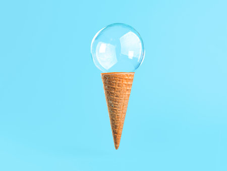 Ice cream cone with soap bubble. Creative layout ice cream in air over blue background. Soap bubble ice cream on brigt blue background. Semi flat style. Minimal summer conceptの写真素材