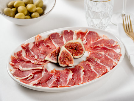 Jamon on plate with figs on restaurant table. Traditional spanish jamon slices. Antipasto plate and figsの写真素材